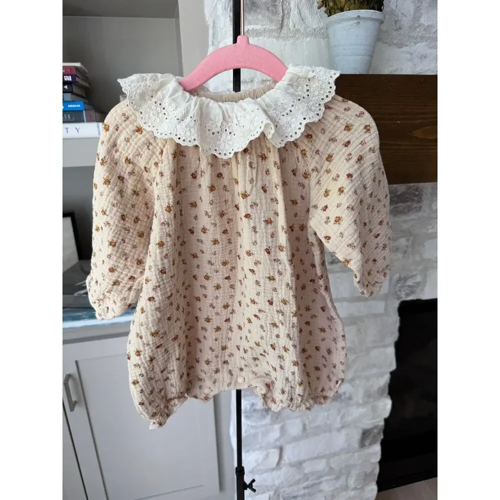 Baby Girls Beige One Piece Romper Snap Button Outfit Infant Size 12-24 Months